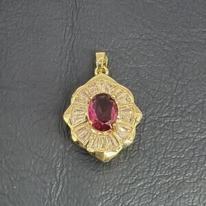 Gold Tone Pink Oval Rhinestone Pendant Baguette Halo Statement Costume Jewelry